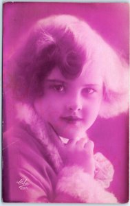 c1930s Cute Little Girl Purple Color RPPC Ukraine Russia Writing Ela Photo A148