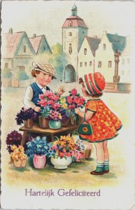 Happy Birthday, Children Flower Seller Boy With Girl Vintage Postcard C187