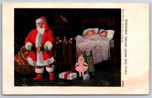 Bernhardt Wall Christmas~Santa Stuffs Stockings on End of Bed~Kids Sleep~1906