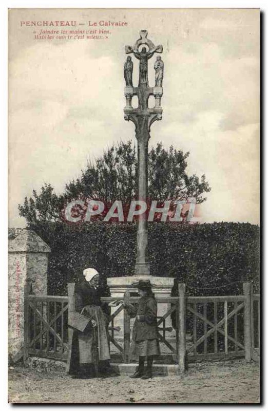 Old Postcard Penchateau Calvary Old woman Children Folklore