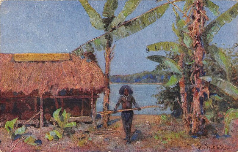 US3403 Kolonialfriegerdanf Native Man Lake Painting Postcard papua new guinea