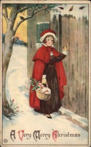 Christmas Stecher Ser 747B Pretty Young Woman in Red Cloak Vintage Postcard