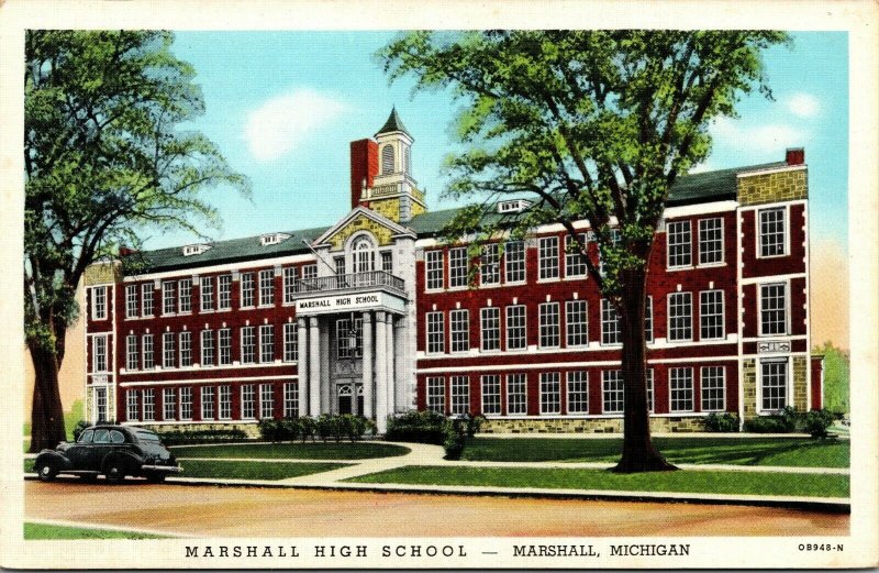 Vintage 1940's Marshall High School Marshall Michigan MI Linen Postcard