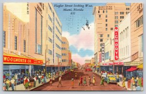Miami Florida~Flagler St West View~Woolworth Co~Grants~Signs~Linen 1956 Postcard