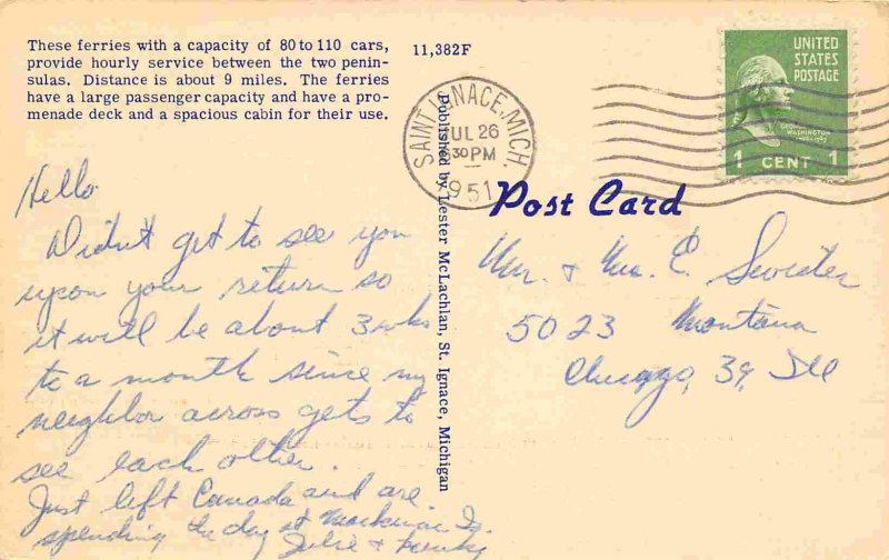 City of Cheboygan Steamer Car Ferry St Ignace Michigan 1951 linen postcard