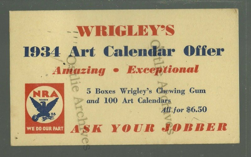 Chicago ILLINOIS 1933 ADVERTISING W.P.A. N.R.A. Art Calendar WRIGLEY CHEWING GUM