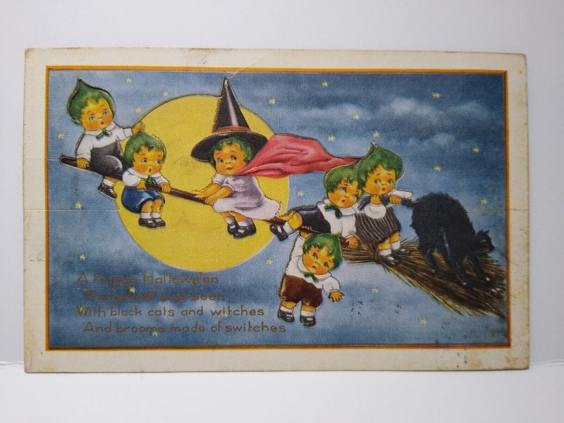 Halloween Postcard Whitney Die-cut Fantasy Green Haired Witch Children Foldout