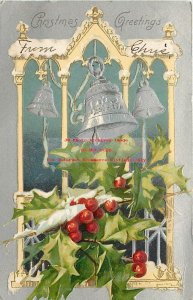 Christmas, Unknown Pub, Three Silver Bells above Holly & Berries