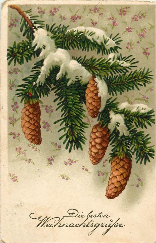 Christmas greetings vintage postcard pine cones fantasy Romania royalty stamp