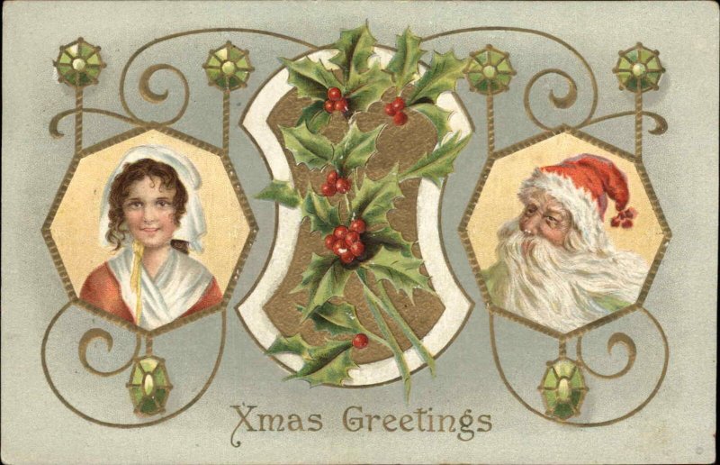Christmas Santa Claus Colonial Woman Embossed Design c1910 Vintage Postcard