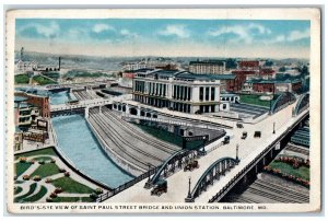 1920 Birds Eye View Saint Paul Street Bridge Union Station Baltimore MD Postcard 