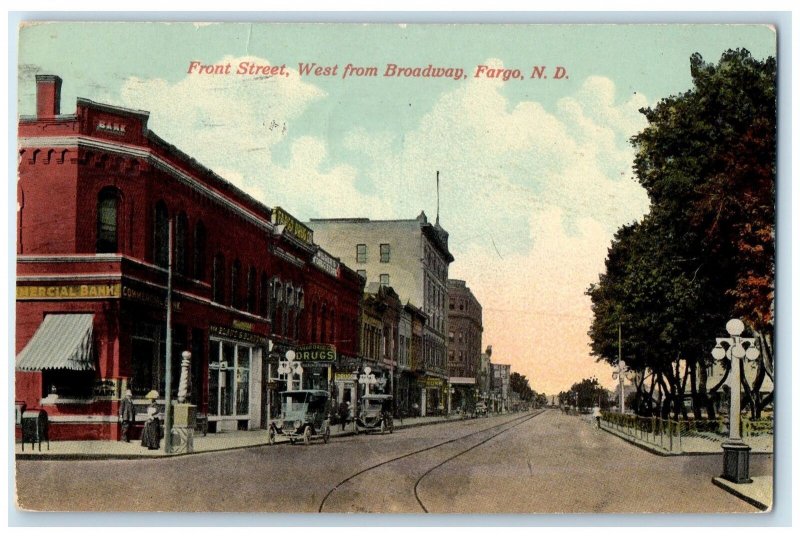 1914 Front Street From Broadway Railway Classic Cars Fargo North Dakota Postcard