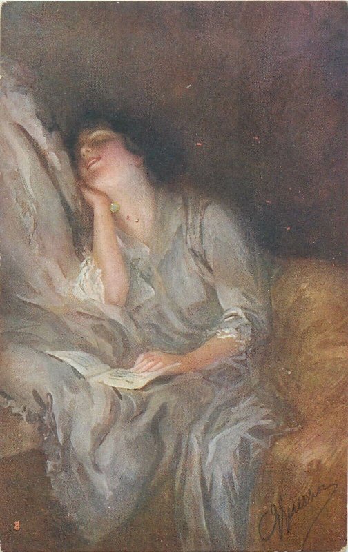Italian artist Dreaming glamor sleeping beauty drawn lady vintage postcard