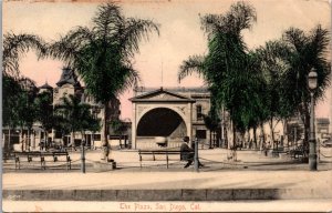 Hand Colored Postcard The Plaza in Downtown San Diego, California