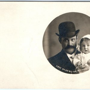 c1910s Washington, IA RPPC Gentleman Cute Baby Girl Real Photo Bowler Frey A162