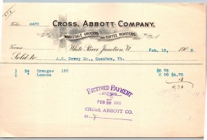 1908  White River Junction  Vermont  Cross, Abbott Co.   Receipt   8 x 5