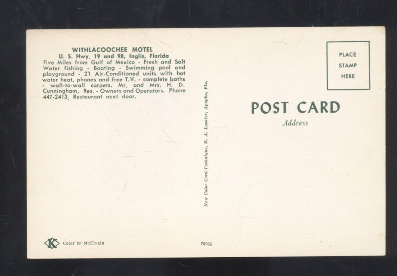 INGLIS FLORIDA WITHLACOOCHEE MOTEL VINTAGE ADVERTISING POSTCARD