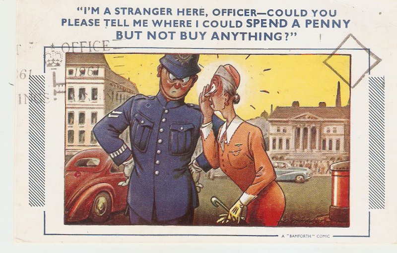 I'm stranger here, Officer- Could you... Bamforth Comic Series postcard # 687