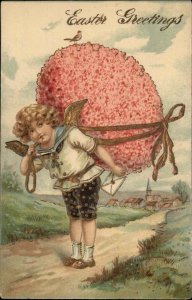 Easter Fantasy Little Boy Fairy with Giant Flower Egg c1910 Vintage Postcard