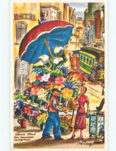 Pre-1980 ARTIST SIGNED - FLOWER STAND VENDOR San Francisco California CA E7993