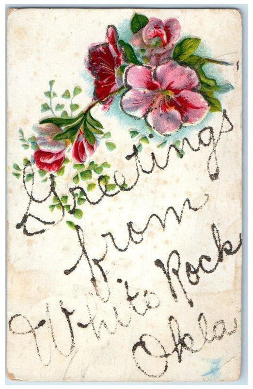 c1910's Greetings From White Rock Oklahoma OK Flowers Embossed Glitter Postcard