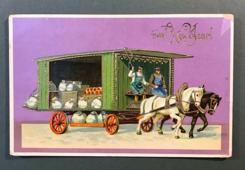 Dresden Gilt Horses Pulling Wagon Man Whip New Year Embossed Gel Postcard