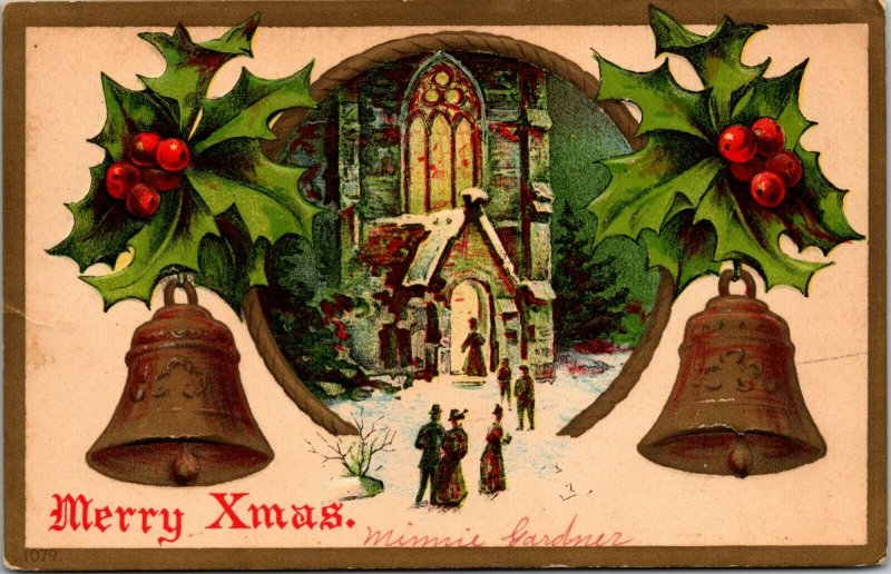 Postcard A Merry Christmas - Bells Church Gold - Vintage - PC Posted