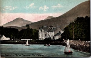 Leenane Hotel Galway Ireland Sailboats Jetty Mountains c1907 vtg Postcard