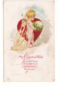 My Valentine Wish, Cupid, Bride, Heart,  Antique 1915 Embossed E Nash Postcard