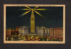 OH Public Square Sq Tower Night View Cleveland Ohio Postcard Linen PC