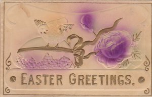 Embossed Easter Greetings Young Chick With Purple Rose