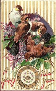 C.1910 Birds Clock A Happy New Year Victorian Postcard P9