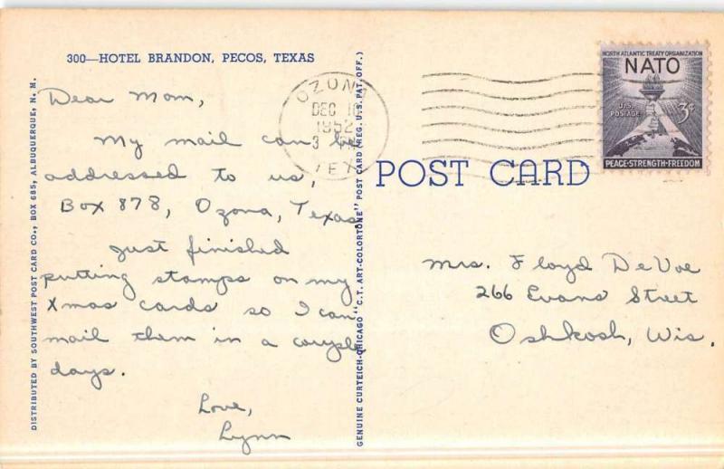 Pecos Texas Hotel Brandon Street View Antique Postcard K46942