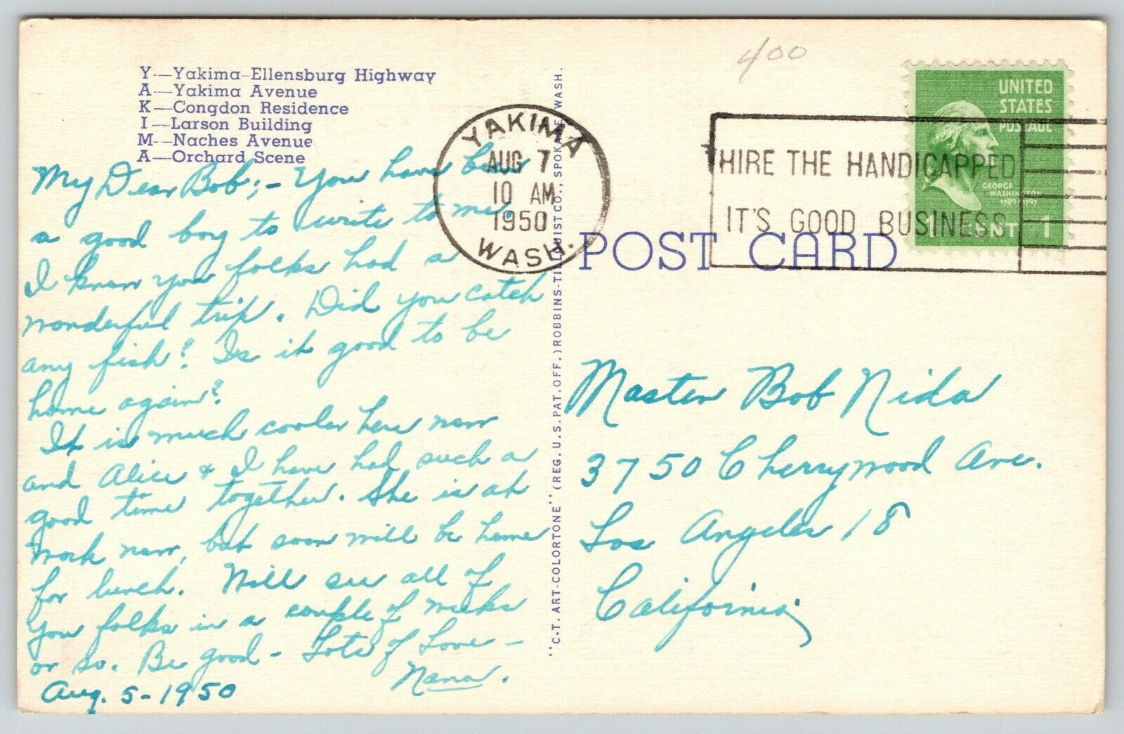 Yakima WashingtonLarge Letter Linen PostcardSunset MountainApples