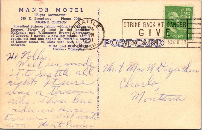 Eugene, OR Oregon  MANOR MOTEL~Vira & Bob Davis  ROADSIDE  1951 Linen Postcard