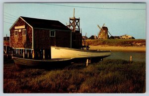 Fishing Boats, Windmill, Old Harwichport, Cape Cod MA, Vintage Chrome Postcard