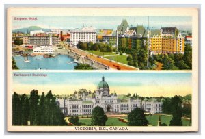 Dual View Empress Hotel Parliament Victoria BC Canada UNP Linen Postcard V23