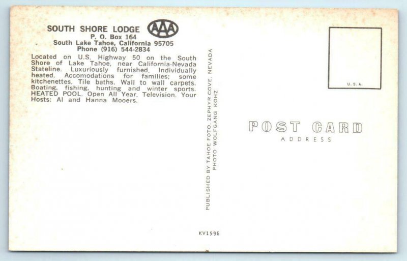 SOUTH LAKE TAHOE California CA  Roadside SOUTH SHORE LODGE ca 1960s Postcard