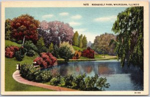 Waukegan Illinois ILL, Roosevelt Park, Quiet Lake, Pathway, Greenfield, Postcard