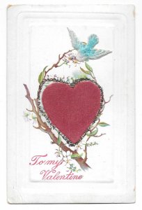 Valentine Bluebird Add On Applied Felt Heart Glitter Vintage Novelty Postcard