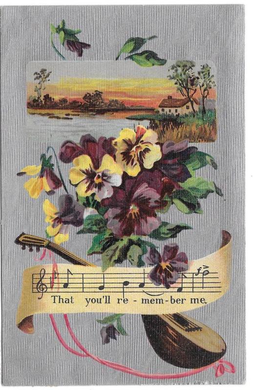 Pansies Flowers and Mandolin on Silver Moire 1909 Postcard 