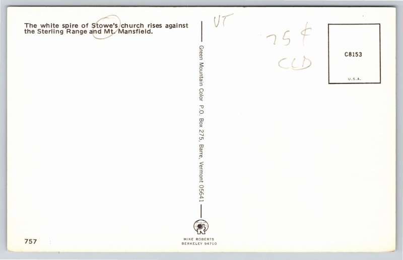 Mt Mansfield Vermont~Air View Stowes Church & Sterling Range~Vintage Postcard