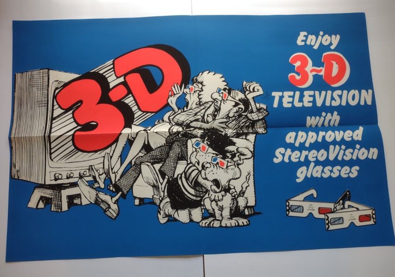 3-D Television Stereo Vision Glasses Promo Poster Family And Dog Watch TV Retro