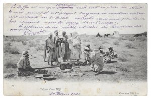 Algiers, Algeria to Hamburg, Germany 1904 PPC Cuisson d'une Diffa, Arabs...