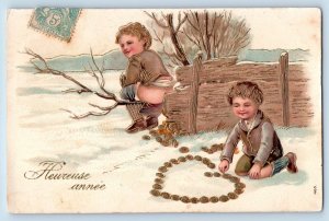 Hungary Postcard New Year Weird Pooping Coins Heart Shape Winter Embossed Posted