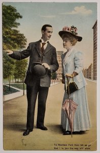 Edwardian Madame On Broadway with Umbrella Meets Dapper Gentleman Postcard W21