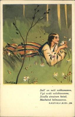 Swedish Woman Lying In Field of Daisies A/S Postcard