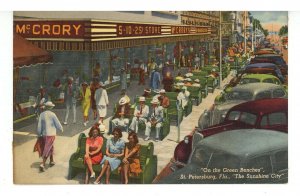 FL - St. Petersburg. On the Famous Green Benches, Street Scene ca 1940