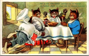 Anthropomorphic Cats Eating Chicking Comic Vintage Postcard C080