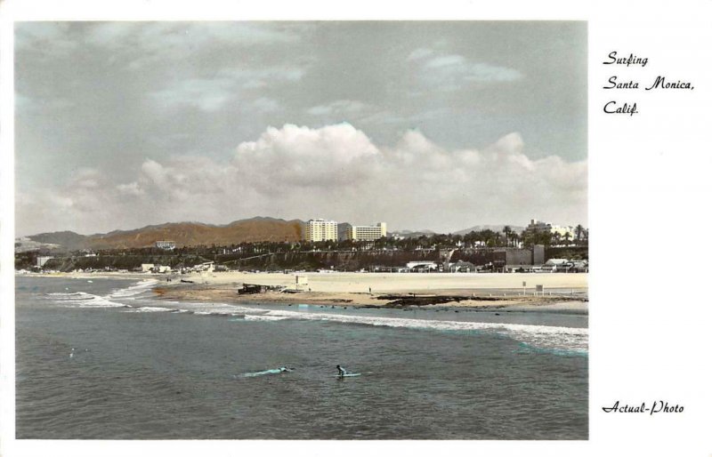 RPPC Surfing Scene SANTA MONICA, CA Hand-Tinted ca 1950s Vintage Postcard